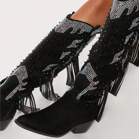 ⚡️NEW $353 NASTY GAL Black Studded Diamante Faux Suede Cowboy Boots - Picture 3 of 4